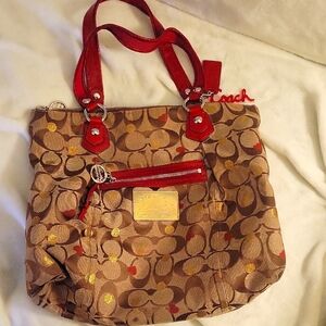 Coach Brown and Red Signature Tote Bag